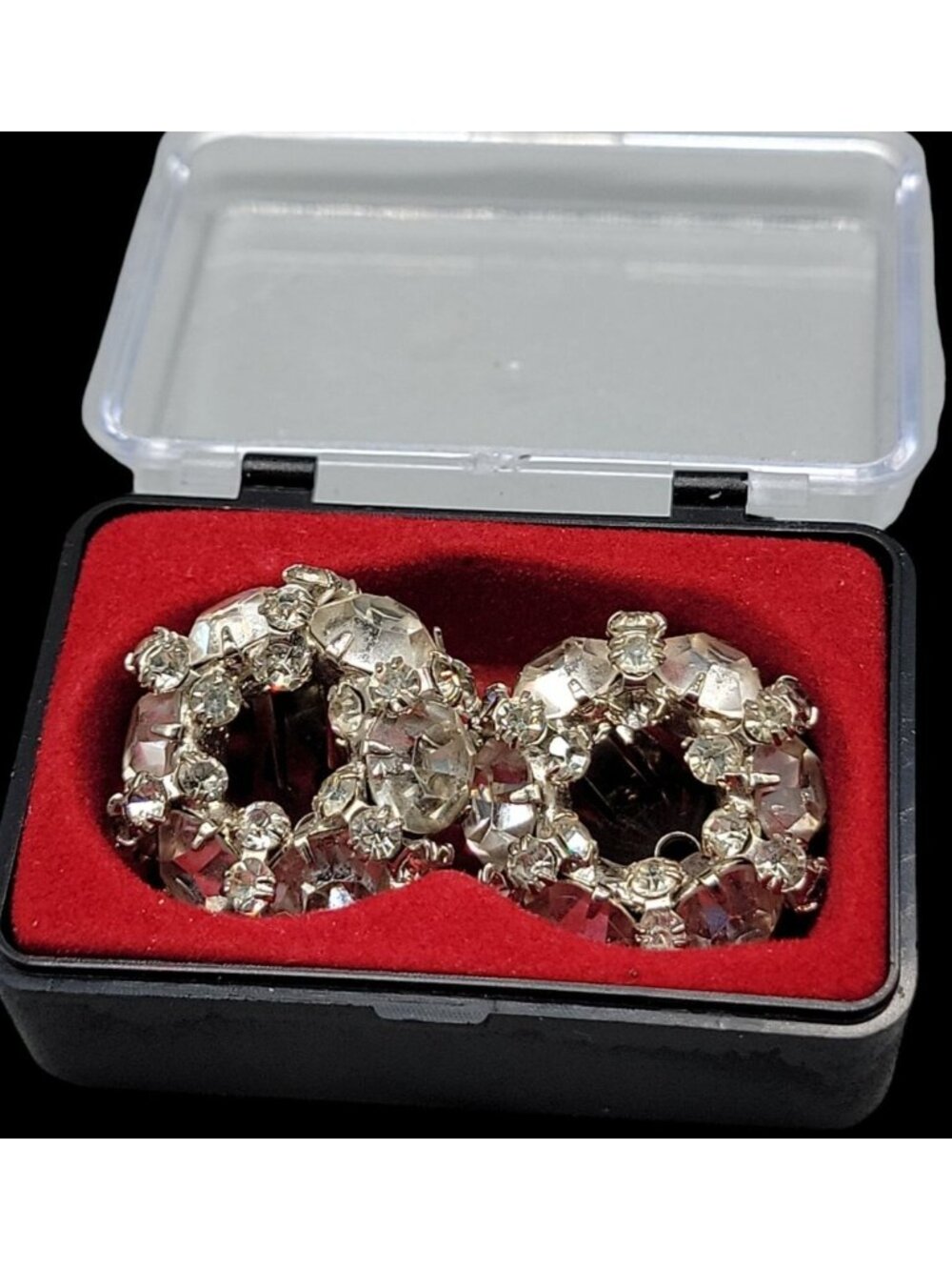 Signed Vintage Warner Clear Rhinestone Wreath Clip On Earrings 1950 Original Box - Picture 11 of 12